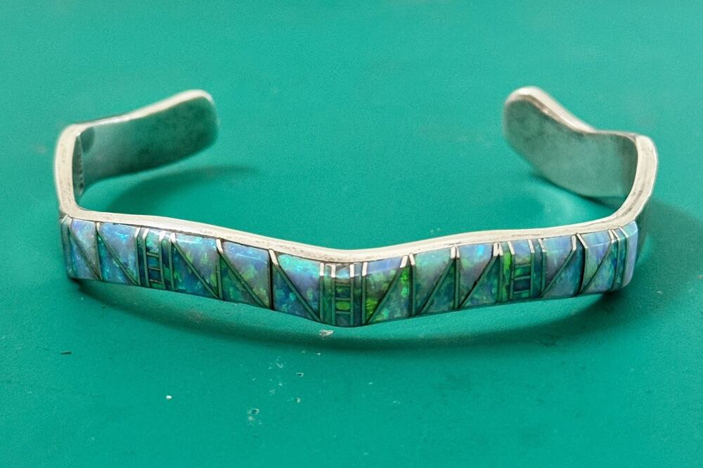 Vintage Southwestern Sterling Silver Blue Green Opal Inlay Cuff Bracelet 22g